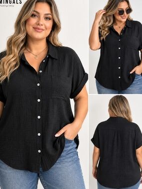 Plus Size Black Short-Sleeve Button-Down Shirt